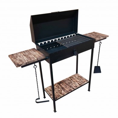 Мангал з кришкою на 12 шампурів 3мм для барбекю та шашликів. Дерев'яні полиці, знімні ніжки, решітка-гриль, совок та кочерга