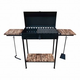 Мангал з кришкою на 12 шампурів 5мм для барбекю та шашликів. Дерев'яні полиці, знімні ніжки, решітка-гриль, совок та кочерга