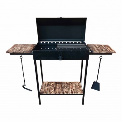 Мангал з кришкою на 12 шампурів 5мм для барбекю та шашликів. Дерев'яні полиці, знімні ніжки, решітка-гриль, совок та кочерга