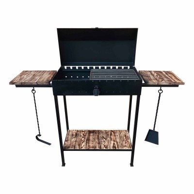 Мангал з кришкою на 12 шампурів 4мм для барбекю та шашликів. Дерев'яні полиці, знімні ніжки, решітка-гриль, совок та кочерга