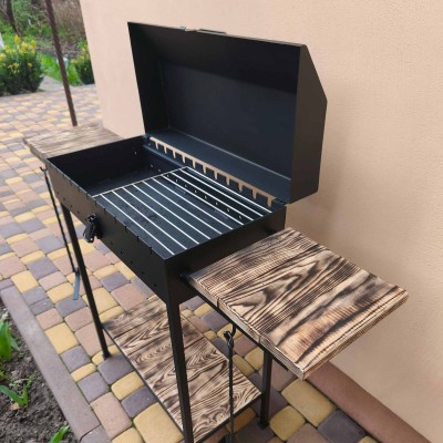 Мангал з кришкою на 12 шампурів 4мм для барбекю та шашликів. Дерев'яні полиці, знімні ніжки, решітка-гриль, совок та кочерга