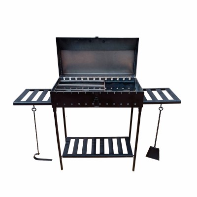 Мангал з кришкою на 12 шампурів 4мм для барбекю та шашликів. Металеві полиці, знімні ніжки, решітка-гриль, совок та кочерга