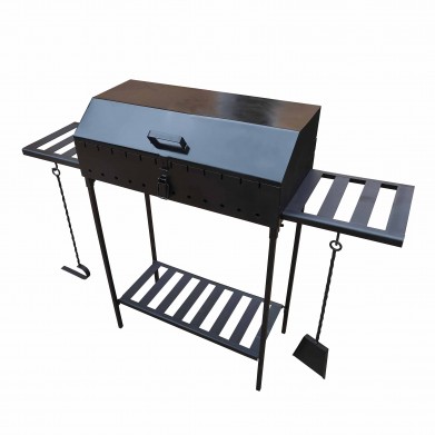 Мангал з кришкою на 12 шампурів 4мм для барбекю та шашликів. Металеві полиці, знімні ніжки, решітка-гриль, совок та кочерга