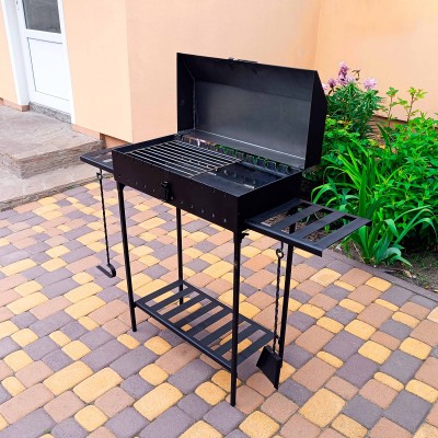 Мангал з кришкою на 12 шампурів 5мм для барбекю та шашликів. Металеві полиці, знімні ніжки, решітка-гриль, совок та кочерга