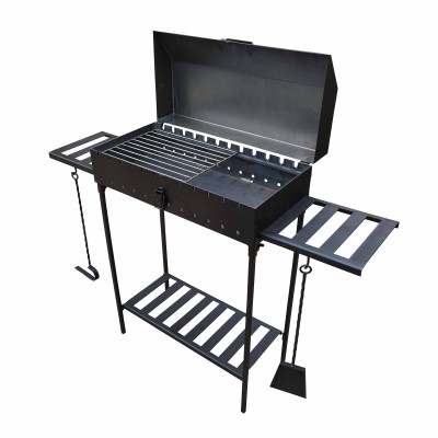 Мангал з кришкою на 12 шампурів 5мм для барбекю та шашликів. Металеві полиці, знімні ніжки, решітка-гриль, совок та кочерга