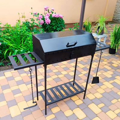 Мангал з кришкою на 12 шампурів 5мм для барбекю та шашликів. Металеві полиці, знімні ніжки, решітка-гриль, совок та кочерга