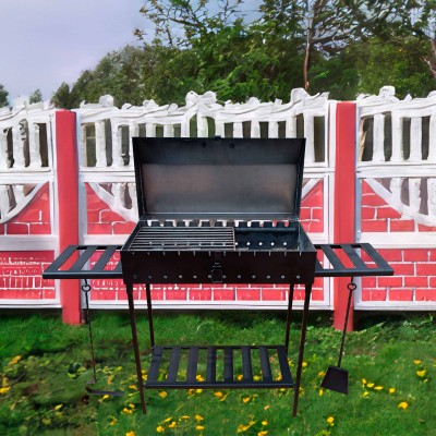 Мангал з кришкою на 12 шампурів 5мм для барбекю та шашликів. Металеві полиці, знімні ніжки, решітка-гриль, совок та кочерга