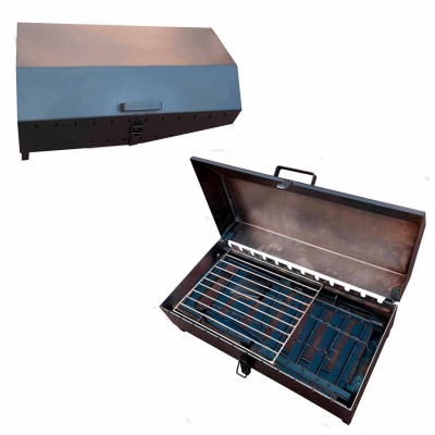 Мангал з кришкою на 12 шампурів 5мм для барбекю та шашликів. Металеві полиці, знімні ніжки, решітка-гриль, совок та кочерга