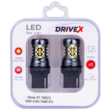 Світлодіоди в габаритні вогні. Підсвітку номера та салона DriveX Glow X1 T20(1) 12-24V 10W CAN 1200Lm 7440/W21W base-16mm EU к-т.