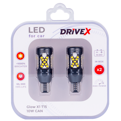 Світлодіоди в габаритні вогні. Підсвітку номера та салона DriveX Glow X1 T15 12-24V 10W CAN 1000Lm W16W d-10mm к-т.