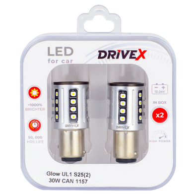 Світлодіоди в габаритні вогні. Підсвітку номера та салона DriveX Glow UL1 S25(2) 9-48V 30W CAN 2600Lm 1157/P21/5W BAY15D d-15mm к-т.