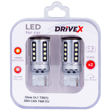 Світлодіоди в габаритні вогні. Підсвітку номера та салона DriveX Glow UL1 T20(1) 9-48V 30W CAN 2600Lm 7440/W21W base-16mm EU к-т.