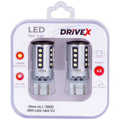 Світлодіоди в габаритні вогні. Підсвітку номера та салона DriveX Glow UL1 T20(2) 9-48V 30W CAN 2600Lm 7443/W21/5W base-16mm EU к-т.