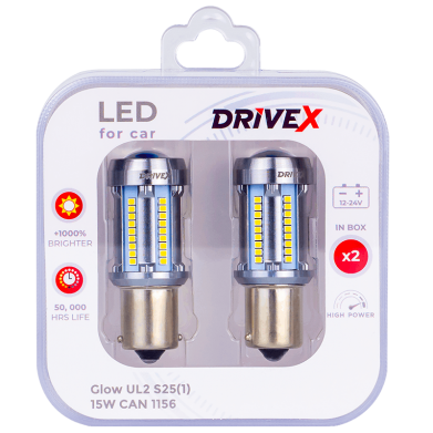 Світлодіоди в габаритні вогні. Підсвітку номера та салона DriveX Glow UL2 S25(1) 12V 15W CAN 2600Lm 1156/P21W BA15S d-15mm к-т.