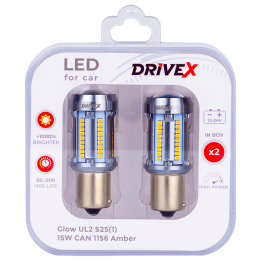 Світлодіоди в габаритні вогні. Підсвітку номера та салона DriveX Glow UL2 S25(1) Amber 12V 15W CAN 2600Lm 1156/P21W BA15S d-15mm к-т.