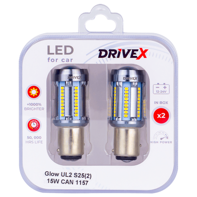 Світлодіоди в габаритні вогні. Підсвітку номера та салона DriveX Glow UL2 S25(2) 12V 15W CAN 2600Lm 1157/P21/5W BAY15D d-15mm к-т.