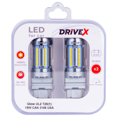 Світлодіоди в габаритні вогні. Підсвітку номера та салона DriveX Glow UL2 T25(1) 12V 15W CAN 2600Lm 3156/P27W base-16mm USA к-т.
