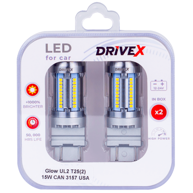 Світлодіоди в габаритні вогні. Підсвітку номера та салона DriveX Glow UL2 T25(2) 12V 15W CAN 2600Lm 3157/P27/7W base-16mm USA к-т.