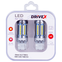 Світлодіоди в габаритні вогні. Підсвітку номера та салона DriveX Glow UL2 T20(1) 12V 15W CAN 2600Lm 7440/W21W base-16mm EU к-т.