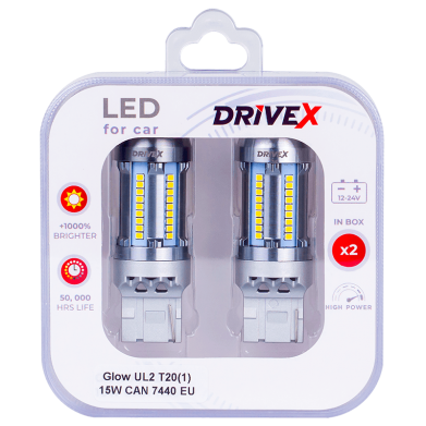 Світлодіоди в габаритні вогні. Підсвітку номера та салона DriveX Glow UL2 T20(1) 12V 15W CAN 2600Lm 7440/W21W base-16mm EU к-т.