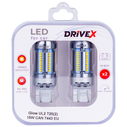 Світлодіоди в габаритні вогні. Підсвітку номера та салона DriveX Glow UL2 T20(2) 12V 15W CAN 2600Lm 7443/W21/5W base-16mm EU к-т.