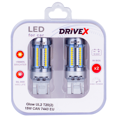 Світлодіоди в габаритні вогні. Підсвітку номера та салона DriveX Glow UL2 T20(2) 12V 15W CAN 2600Lm 7443/W21/5W base-16mm EU к-т.
