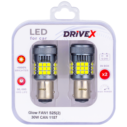 Світлодіоди в габаритні вогні. Підсвітку номера та салона DriveX Glow FAN1 S25(2) 9-48V 30W CAN 3000Lm 1157/P21/5W BAY15D d-15mm к-т.