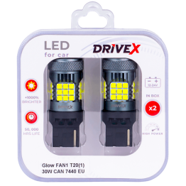 Світлодіоди в габаритні вогні. Підсвітку номера та салона DriveX Glow FAN1 T20(1) 9-48V 30W CAN 3000Lm 7440/W21W base-16mm EU к-т.