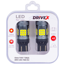 Світлодіоди в габаритні вогні. Підсвітку номера та салона DriveX Glow FAN1 T20(2) 9-48V 30W CAN 3000Lm 7443/W21/5W base-16mm EU к-т.