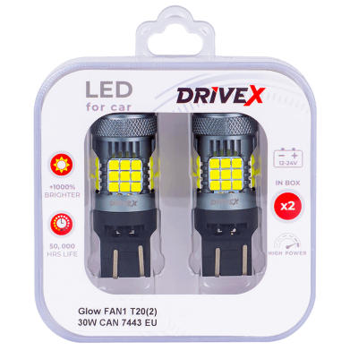 Світлодіоди в габаритні вогні. Підсвітку номера та салона DriveX Glow FAN1 T20(2) 9-48V 30W CAN 3000Lm 7443/W21/5W base-16mm EU к-т.