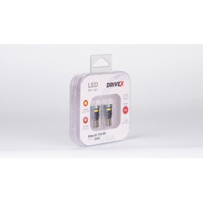 Світлодіоди в габаритні вогні. Підсвітку номера та салона DriveX Glow X1 T10 12-24V 3W CAN 400Lm W5W base-10mm к-т.