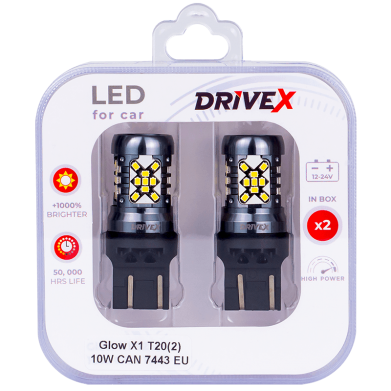 Світлодіоди в габаритні вогні. Підсвітку номера та салона DriveX Glow X1 T20(2) 12-24V 10W CAN 1200Lm 7443/W21/5W base-16mm EU к-т.
